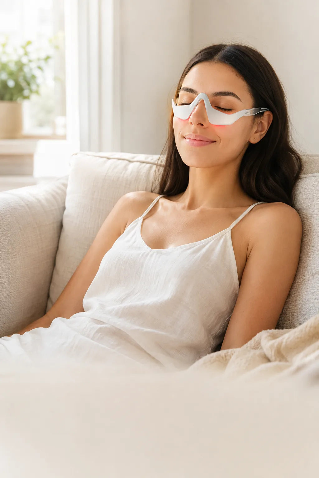 Mujer relajada en el sofá usando las gafas de masaje ocular con luz roja