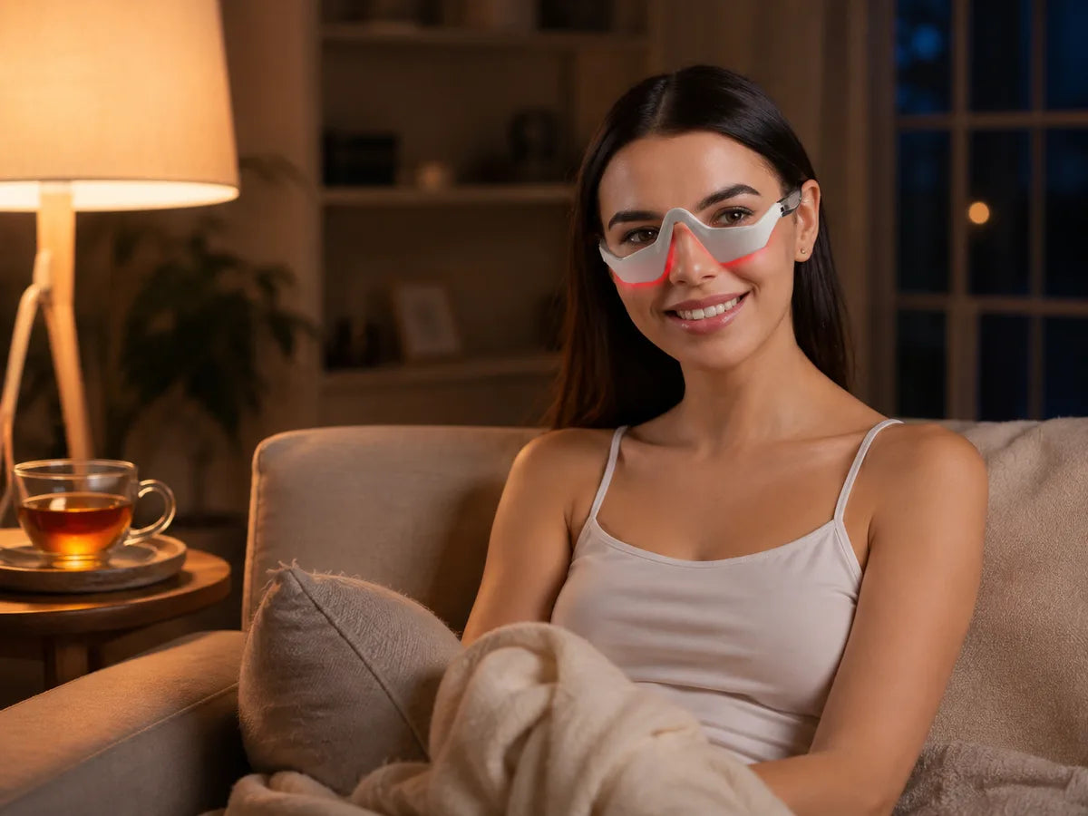 Mujer usando las gafas de masaje ocular en casa