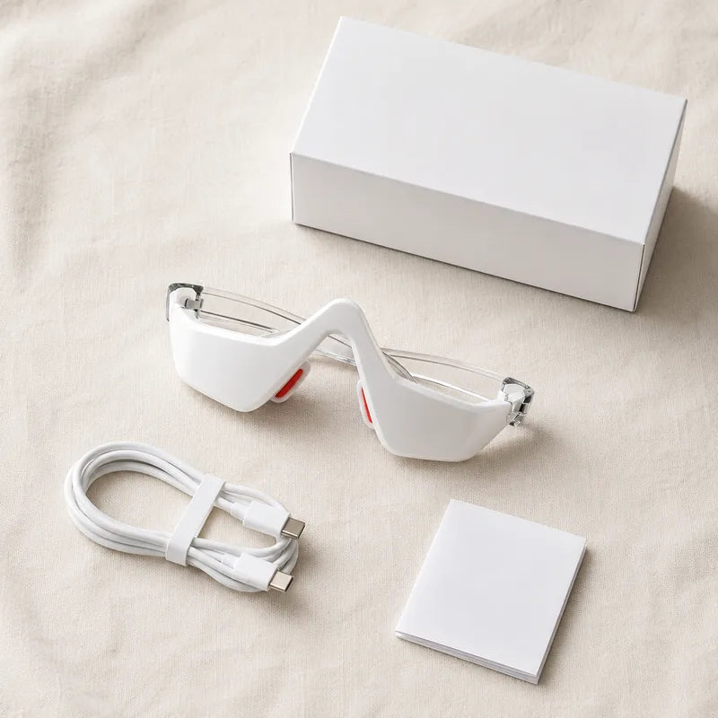 Gafas de masaje ocular con luz roja y EMS, cable USB-C y manual